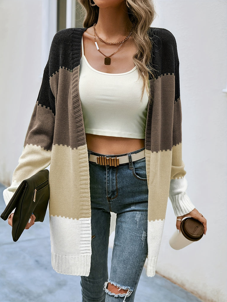 elveswalletV-neck Loose Striped Color Block Cardigans, Casual Drop Shoulder Long Sleeve Fall Winter Knit Cardigan, Women's Clothing