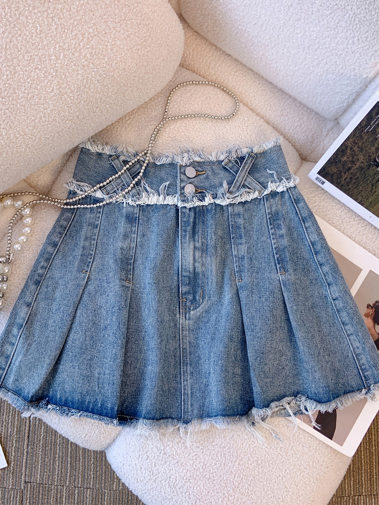 elveswallet  Pleated Double Button Cross Denim Skirt, Raw Frayed Trim Y2k Kpop Style Mini Denim Skirt, Women's Denim Jeans & Clothing