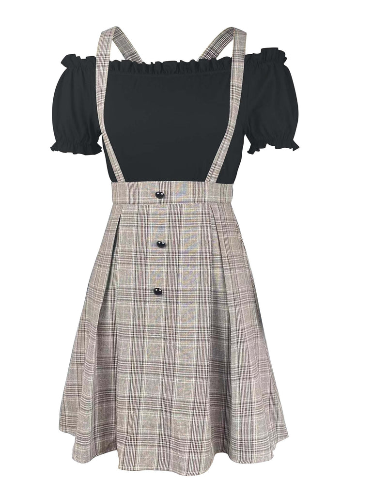 elveswallet  Elegant Daily Two-piece Set, Plaid Print Suspender Skirts & Solid Short Sleeve Mini Dress Outfits, Women's Clothing