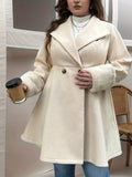 Plus Size Elegant Faux Fur Coat, Women's Plus Solid Contrast Faux Fur Long Sleeve Lapel Collar Double Breast Button Peplum Woolen Coat