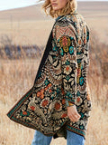 Plus Size Boho Coat, Women's Plus Floral  Print Long Sleeve Open Front Longline Cardigan Coat