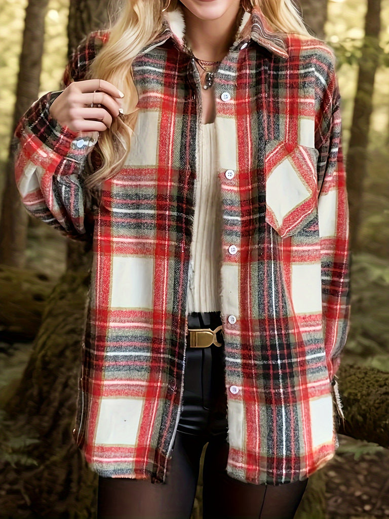 Plus Size Casual Coat, Women's Plus Plaid Print Thickened Long Sleeve Button Up Lapel Collar Coat