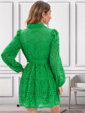elveswallet  Solid Color Shirt Dress, Belted Cutwork Embroidery Long Sleeve Dress.