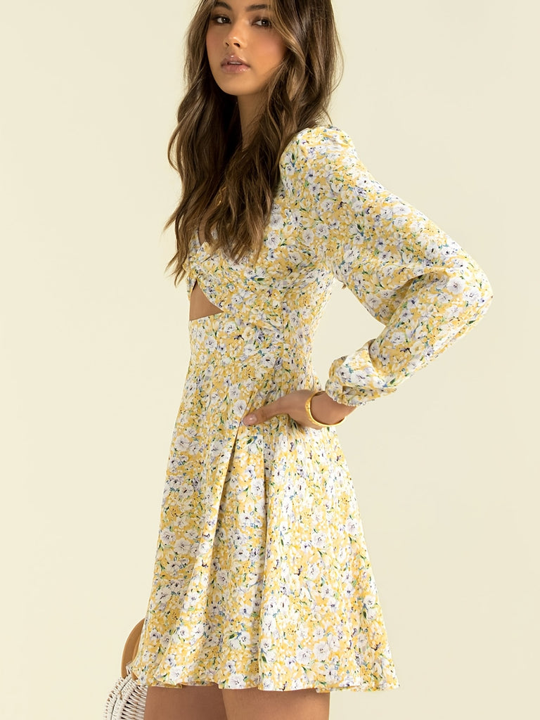 Elegant Floral Print Cut Out Dress, V Neck Long Sleeve Dress, Casual Every Day Dress, Women's Clothing