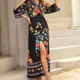Floral Print Cold Shoulder Dress, Elegant Split V Neck Dress For Spring & Summer, Women's Clothing