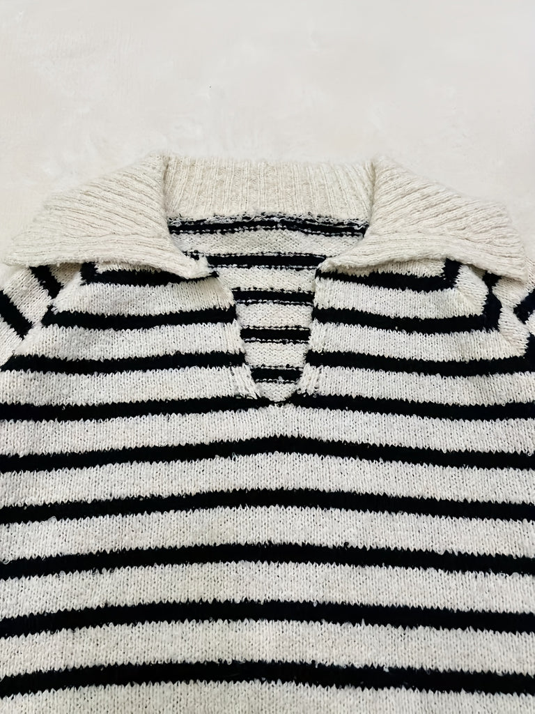 Striped Print Knit Sweater, Elegant V Neck Collared Long Sleeve Sweater, Women's Clothing