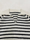Striped Print Knit Sweater, Elegant V Neck Collared Long Sleeve Sweater, Women's Clothing