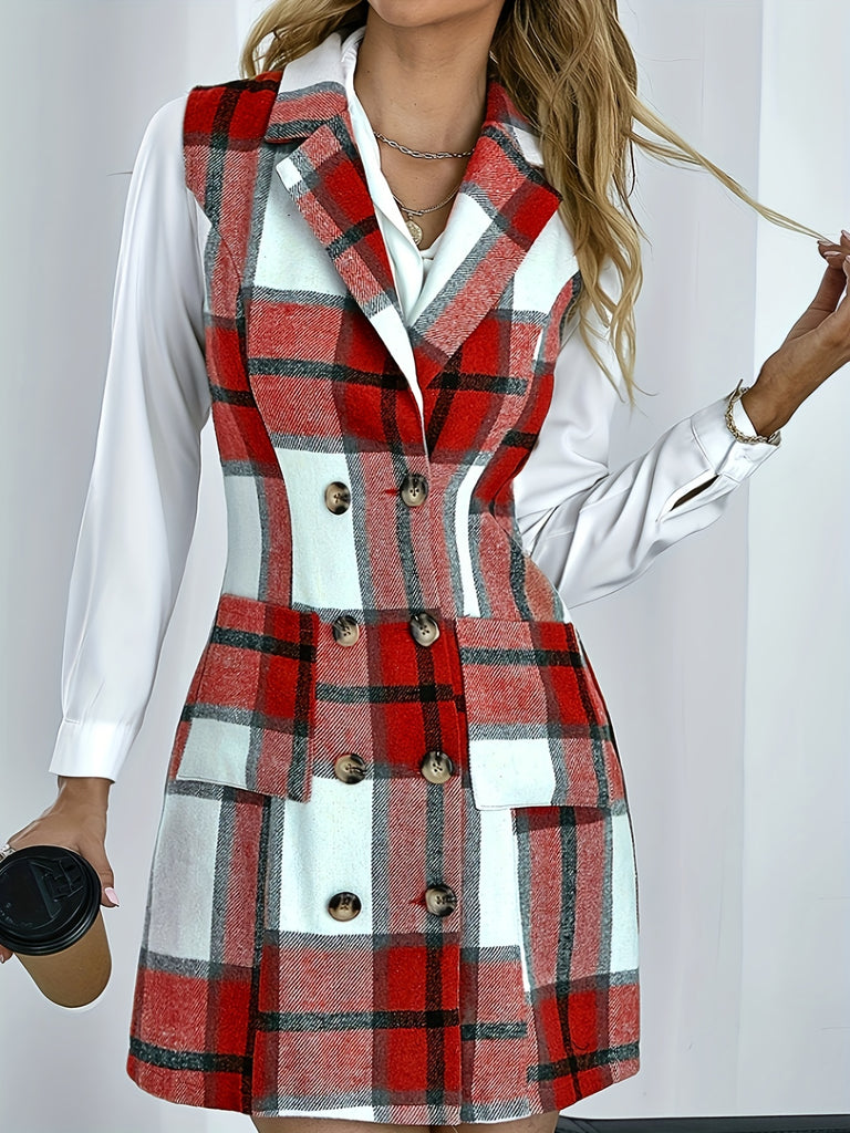 elveswalletLapel Sleeveless Plaid Cardigan, Mature Double Breasted Button Pockets Mid Length Sweater, Women's Clothing