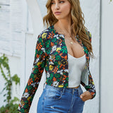 elveswallet  Floral Colorful Round Neck Open Front Jacket, Long Sleeve Casual Crop Top Jacket, Women's Clothing