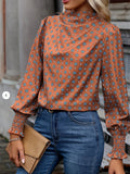 All Over Print Mock Neck Blouse, Casual Shirred Cuff Long Sleeve Blouse For Spring & Fall, Women's Clothing