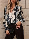 Abstract Print Button Front Shirt, Casual Long Sleeve Collar Shirt, Women's Clothing