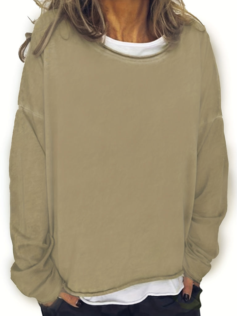 elveswallet  Solid Crew Neck Pullover Sweatshirt, Casual Long Sleeve Sweatshirt For Spring & Fall, Women's Clothing