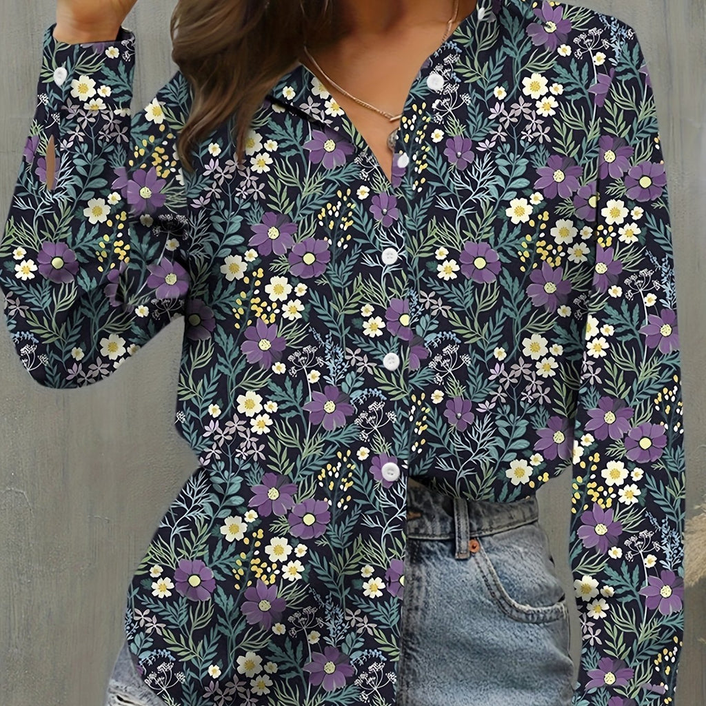 elveswallet  Plus Size Casual Blouse, Women's Plus Floral Print Long Sleeve Turn Down Collar Button Up Shirt