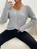 Twist Front V Neck Sweater, Casual Long Sleeve Sweater For Fall & Winter, Women's Clothing