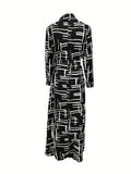 Abstract Print Button Front Dress, Casual Long Sleeve Maxi Dress, Women's Clothing