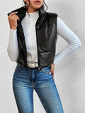 Solid Stand Collar Zipper Vest, Versatile Sleeveless Faux Leather Vest Jakcet, Women's Clothing