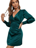 elveswallet  Solid V Neck Twist Long Sleeve Dress, Elegant Bodycon Party Mini Dress, Women's Clothing