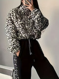 Leopard Plush Half Zipper Coat, Casual Long Sleeve Drawstring Crop Coat, Women's Clothing