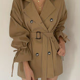 Double Breasted Lapel Trench Coat, Elegant Solid Drawstring Long Sleeve Outerwear, Women's Clothing