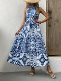 elveswallet  Floral Print Dress, Vacation Sleeveless High Waist Summer Maxi Dress, Women's Clothing