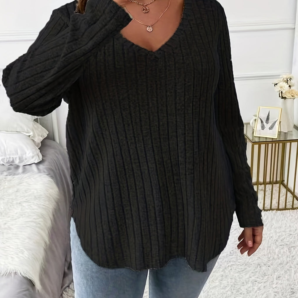 Plus Size Casual T-shirt, Women's Plus Ribbed Solid Long Sleeve V Neck Slight Stretch Top