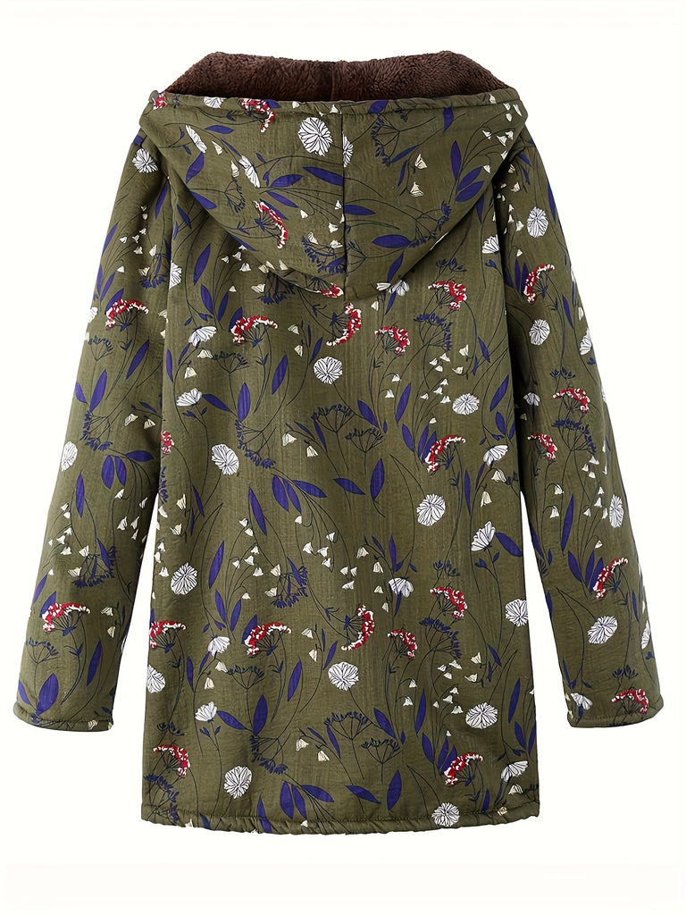 Plus Size Boho Coat, Women's Plus Floral Print Fleece Liner Long Sleeve Hooded Zip Up Longline Overcoat With Pockets