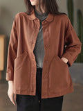 Button Front Collar Jacket, Casual Long Sleeve Solid Outerwear With Pockets, Women's Clothing