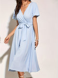 elveswallet  Surplice Neck Flutter Sleeve Dress, Casual Solid Midi Dress, Women's Clothing