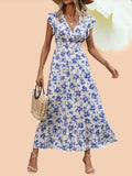elveswallet  Floral Print Shirred Waist Dress, Elegant Ruffle Trim Surplice Neck Maxi Dress, Women's Clothing