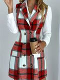 elveswalletLapel Sleeveless Plaid Cardigan, Mature Double Breasted Button Pockets Mid Length Sweater, Women's Clothing