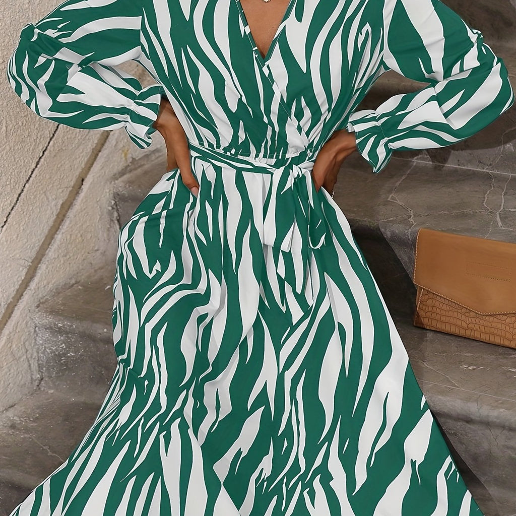 elveswallet  Abstract Ripple Print Dress, Elegant V Neck Long Sleeve Maxi Dress, Women's Clothing