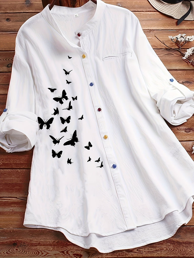 Plus Size Casual Shirt, Women's Plus Butterfly Print Roll Up Sleeve Stand Collar Button Up Blouse