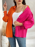 elveswallet  Plus Size Casual Blouse, Women's Plus Colorblock Shirred Puff Sleeve Turn Down Collar Button Up Shirt Top