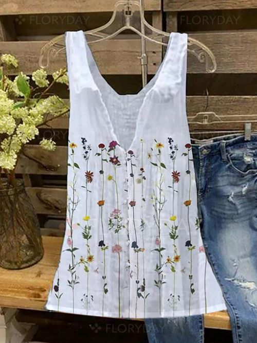 Elveswallet Sleeveless Floral Printed V Neck Casual Top