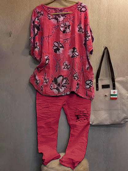 Women Casual Flower Print Two-piece Set