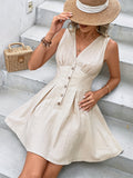 elveswallet  Solid Ruched Dress, Elegant V Neck Sleeveless Summer Dress, Women's Clothing