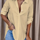 elveswallet  Plus Size Formal Shirt, Women's Plus Plain Long Sleeve Turn Down Collar Button Up Workwear Shirt