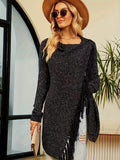 Solid Tassel Trim Knit Cardigan, Elegant Open Front Asymmetrical Hem Sweater, Women's Clothing