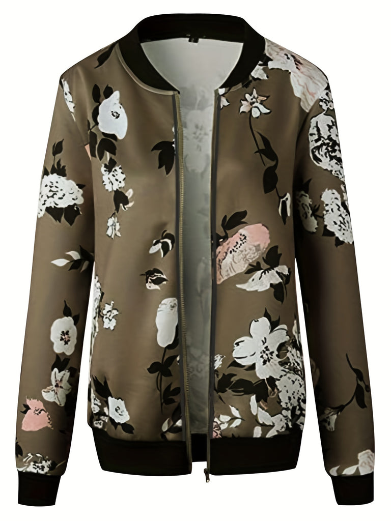 Floral Print Contrast Trim Jacket, Casual Long Sleeve Zip Up Bomber Jacket, Women's Clothing