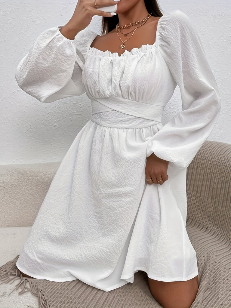 elveswallet  Square Neck Lantern Sleeve Dress, Elegant Solid Criss Cross Ruffle Trim Dress, Women's Clothing