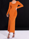 elveswallet  Crew Neck Split Long Dress, Casual Solid Long Sleeve Waist Bodycon Party Dresses, Women's Clothing