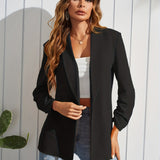 elveswallet  Solid Open Front Blazer, Casual Lapel Long Sleeve Blazer For Office & Work, Women's Clothing