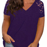 elveswallet  Plus Size Casual T-shirt, Women's Plus Floral Jacquard Contrast Lace Short Sleeve Basic T-shirt