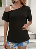 elveswallet  Waffle Asymmetrical Blouse, Casual Chain Slanted Shoulder Short Sleeve Blouse, Women's Clothing