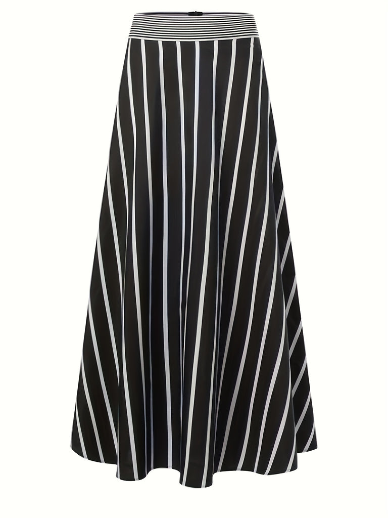 elveswallet  Plus Size Casual Skirt, Women's Plus Stripe Print High Rise Maxi A-line Flare Shirt