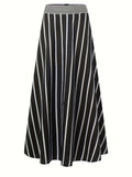 elveswallet  Plus Size Casual Skirt, Women's Plus Stripe Print High Rise Maxi A-line Flare Shirt