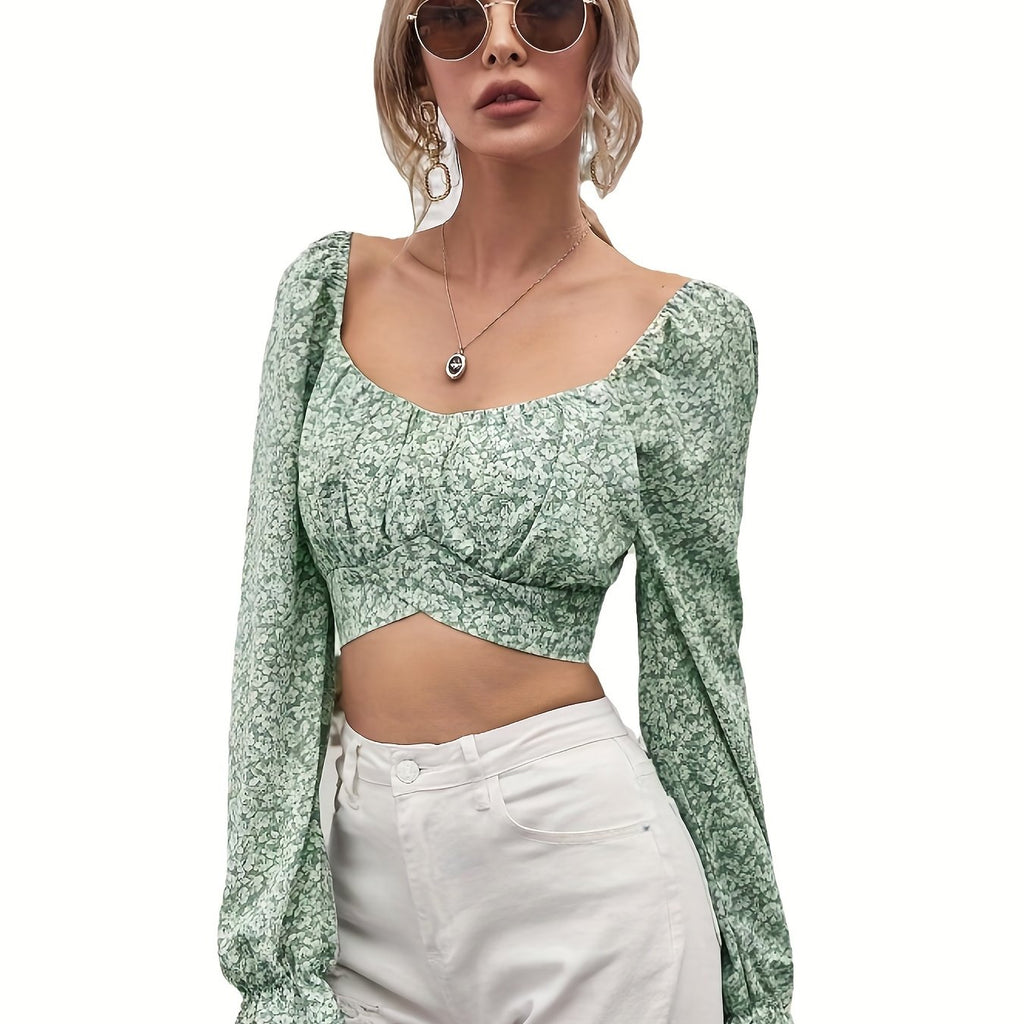 elveswallet  Floral Print Square Neck Crop Blouse, Casual Puff Sleeve Blouse For Spring & Fall, Women's Clothing
