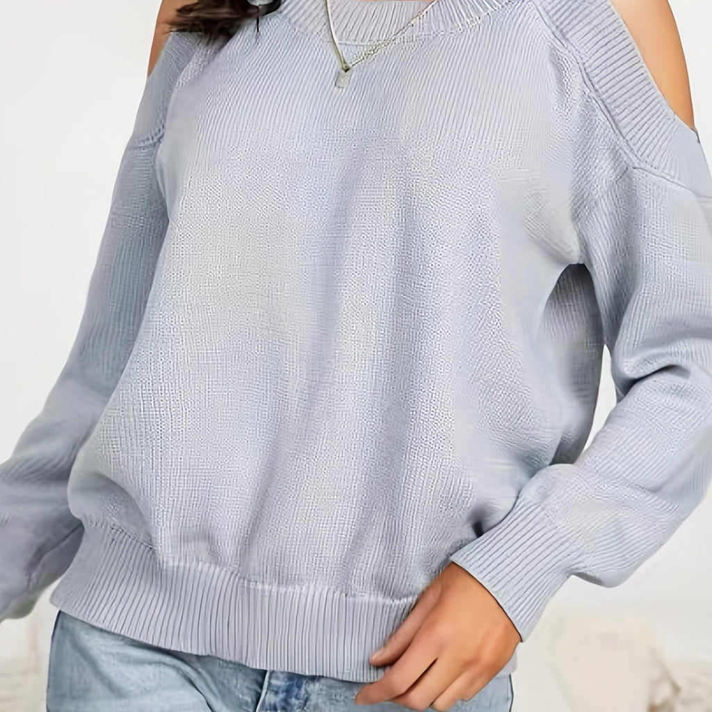 elveswallet  Solid Cold Shoulder Pullover Sweater, Casual Crew Neck Long Sleeve Sweater For Spring & Fall, Women's Clothing