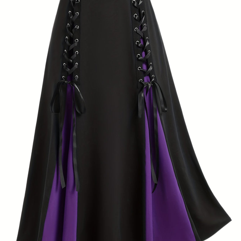elveswallet  Plus Size Goth Skirt, Women's Plus Colorblock Grommet Lace Up Medium Stretch A-line Skirt