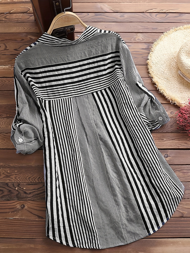 elveswallet  Striped Print Rollable Sleeve Shirt, Casual Button Front Hem Arc Collar Shirt, Women's Clothing